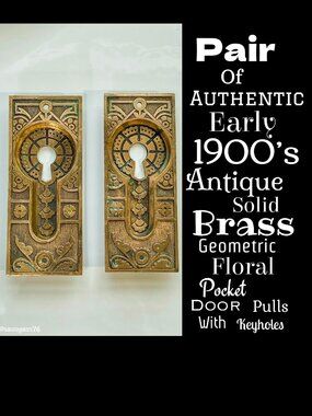 ▪️ANTIQUE▪️Pair Early 1900's Brass Geo Floral Pocket Door Pulls With Keyholes